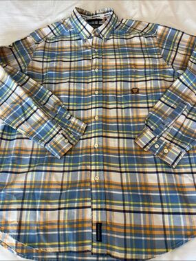 ROUGH-STOCK Button-Down Plaid Shirt in Blue, Yellow & White - Casual Men's Long